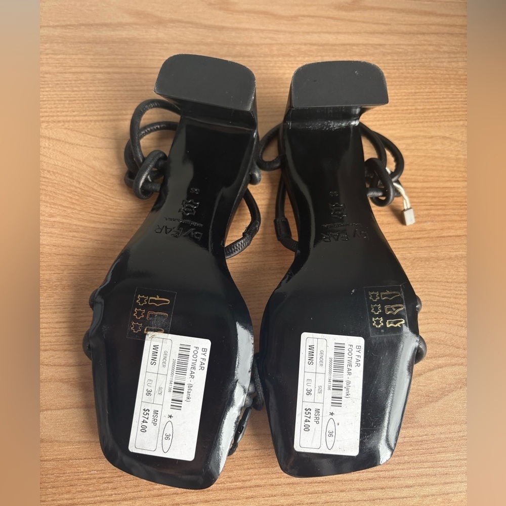 By Far Charlie Black Leather Knot Sandals Size 36 Square Toe 2.5” Heel - Picture 8 of 15